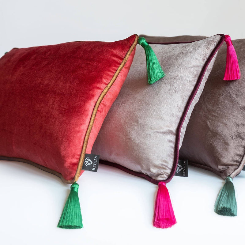 Pink Velvet Rectangular Cushion with Tassels
