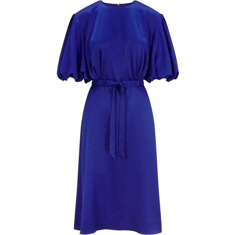 Royal Blue Draped Puff Sleeve Satin Dress - BritYard