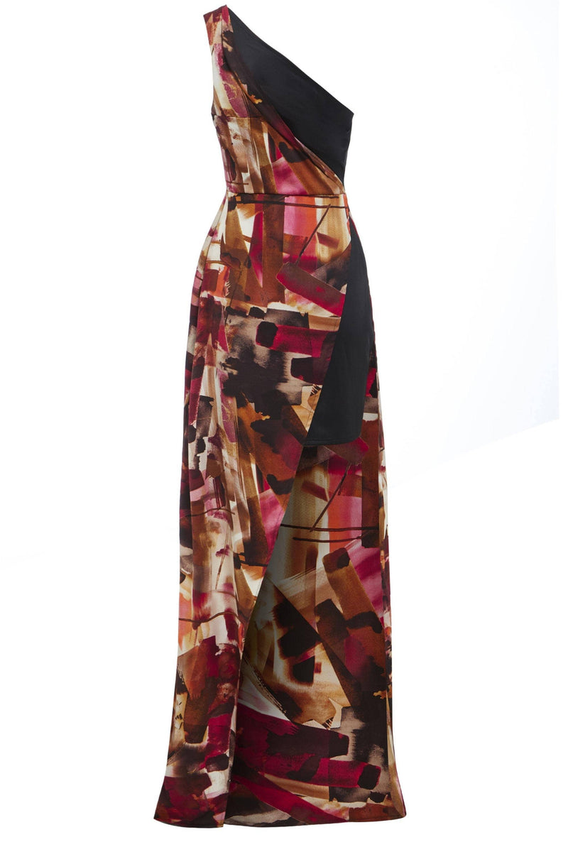 Claret - Asymmetric Side Slit Abstract Print Maxi Dress - BritYard