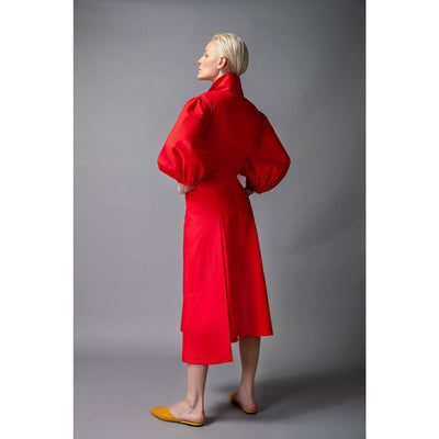 Flame Scarlet Wide Lapel Asymmetric Cotton Dress - BritYard