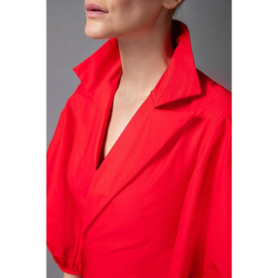 Flame Scarlet Wide Lapel Asymmetric Cotton Dress - BritYard