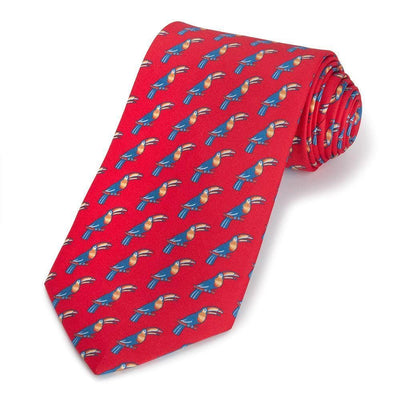 Toucan In Red Royal Twill Printed Silk Three-Fold Tie - BritYard